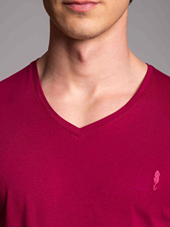 Dufy Bordo Erkek Slim Fit Düz  V Yaka Tshirt - 36397