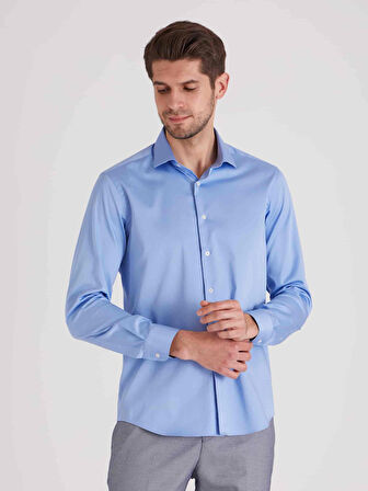 Dufy Koyu Mavi Erkek Slim Fit Düz Paul Yaka Uzun Kol Gömlek - 48413
