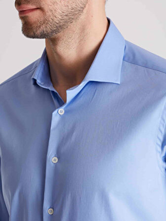 Dufy Koyu Mavi Erkek Slim Fit Düz Paul Yaka Uzun Kol Gömlek - 48413