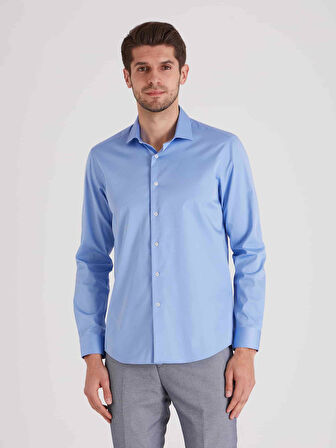 Dufy Koyu Mavi Erkek Slim Fit Düz Paul Yaka Uzun Kol Gömlek - 48413