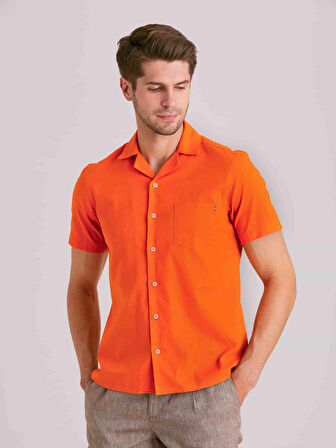 Dufy Turuncu Erkek Slim Fit Düz Küba Yaka Kısa Kol Gömlek - 58158