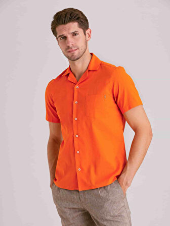 Dufy Turuncu Erkek Slim Fit Düz Küba Yaka Kısa Kol Gömlek - 58158