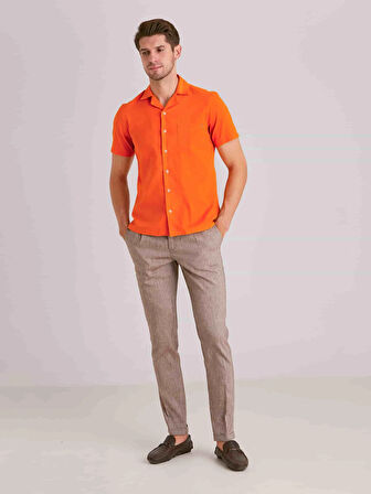 Dufy Turuncu Erkek Slim Fit Düz Küba Yaka Kısa Kol Gömlek - 58158