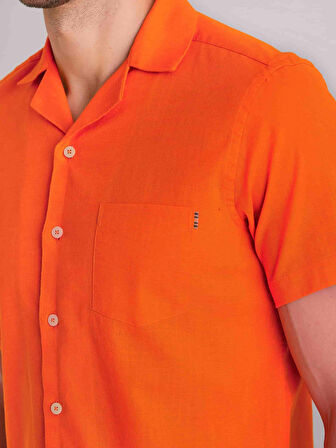 Dufy Turuncu Erkek Slim Fit Düz Küba Yaka Kısa Kol Gömlek - 58158