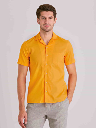 Dufy Hardal Erkek Slim Fit Düz Küba Yaka Kısa Kol Gömlek - 58164