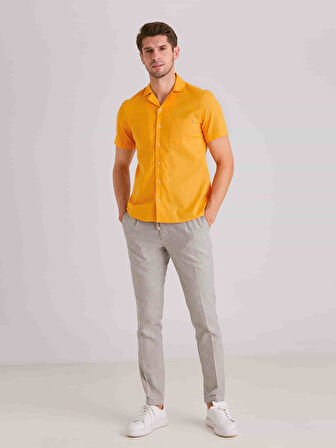 Dufy Hardal Erkek Slim Fit Düz Küba Yaka Kısa Kol Gömlek - 58164