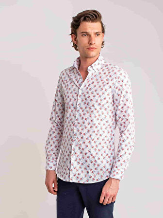 Dufy Nar Çiçeği Erkek Slim Fit Desenli Brent Düğmeli Yaka Uzun Kol Gömlek - 58342
