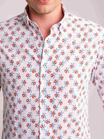 Dufy Nar Çiçeği Erkek Slim Fit Desenli Brent Düğmeli Yaka Uzun Kol Gömlek - 58342