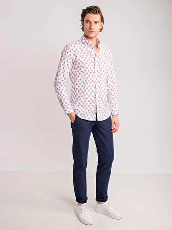 Dufy Nar Çiçeği Erkek Slim Fit Desenli Brent Düğmeli Yaka Uzun Kol Gömlek - 58342