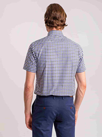 Dufy Lacivert Erkek Regular Fit Kareli Küba Yaka Kısa Kol Gömlek - 58440