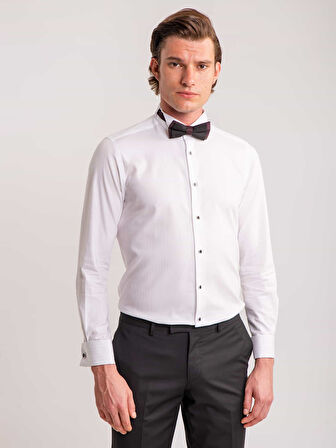 Dufy Beyaz Erkek Slim Fit Çizgili Ata Yaka Uzun Kol Gömlek - 58623
