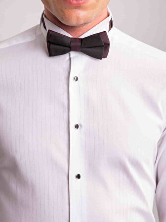 Dufy Beyaz Erkek Slim Fit Çizgili Ata Yaka Uzun Kol Gömlek - 58623