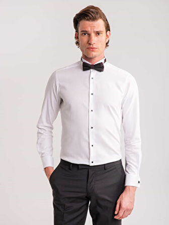 Dufy Beyaz Erkek Slim Fit Çizgili Ata Yaka Uzun Kol Gömlek - 58623