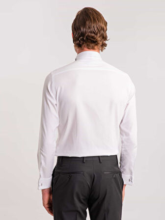 Dufy Beyaz Erkek Slim Fit Çizgili Ata Yaka Uzun Kol Gömlek - 58623