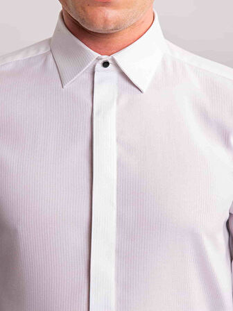 Dufy Beyaz Erkek Slim Fit Çizgili Brent Yaka Uzun Kol Gömlek - 58629