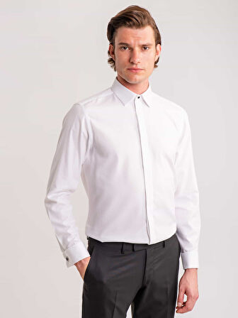 Dufy Beyaz Erkek Slim Fit Çizgili Brent Yaka Uzun Kol Gömlek - 58629