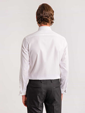 Dufy Beyaz Erkek Slim Fit Çizgili Brent Yaka Uzun Kol Gömlek - 58629