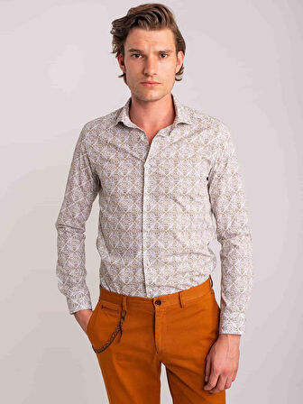 Dufy Yeşil Erkek Slim Fit Baskılı Paul Yaka Uzun Kol Gömlek - 60631