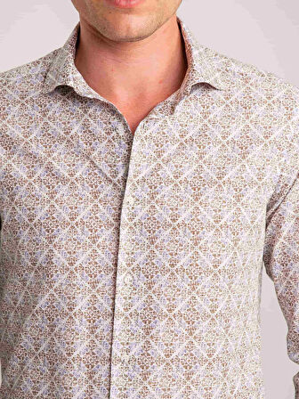 Dufy Yeşil Erkek Slim Fit Baskılı Paul Yaka Uzun Kol Gömlek - 60631