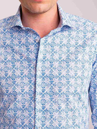 Dufy Mavi Erkek Slim Fit Baskılı Paul Yaka Uzun Kol Gömlek - 60637
