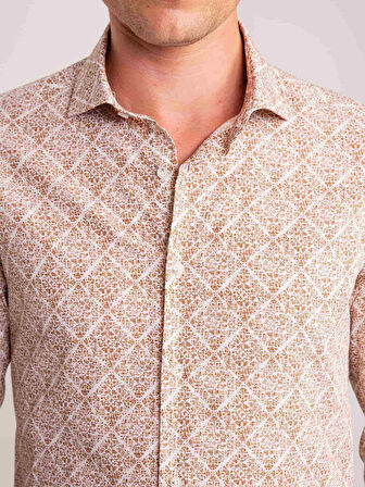 Dufy Kahverengi Erkek Slim Fit Baskılı Paul Yaka Uzun Kol Gömlek - 60643