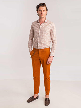 Dufy Kahverengi Erkek Slim Fit Baskılı Paul Yaka Uzun Kol Gömlek - 60643