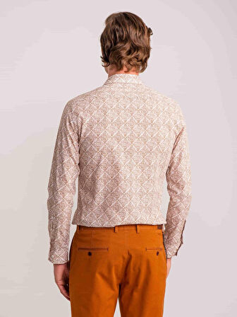 Dufy Kahverengi Erkek Slim Fit Baskılı Paul Yaka Uzun Kol Gömlek - 60643