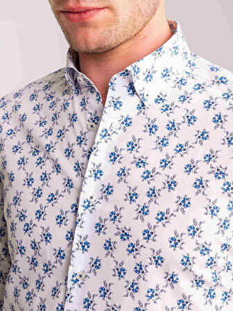 Dufy Mavi Erkek Slim Fit Desenli Brent Düğmeli Yaka Uzun Kol Gömlek - 60660