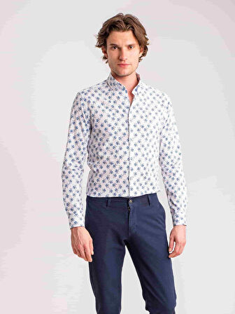 Dufy Mavi Erkek Slim Fit Desenli Brent Düğmeli Yaka Uzun Kol Gömlek - 60660