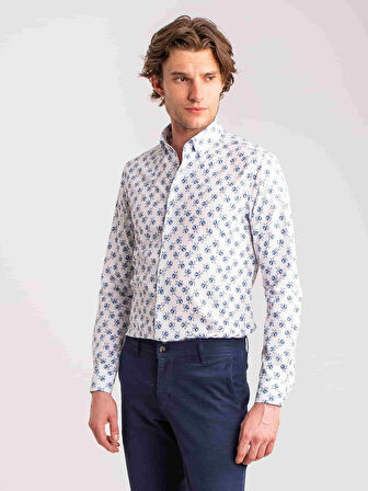 Dufy Mavi Erkek Slim Fit Desenli Brent Düğmeli Yaka Uzun Kol Gömlek - 60660