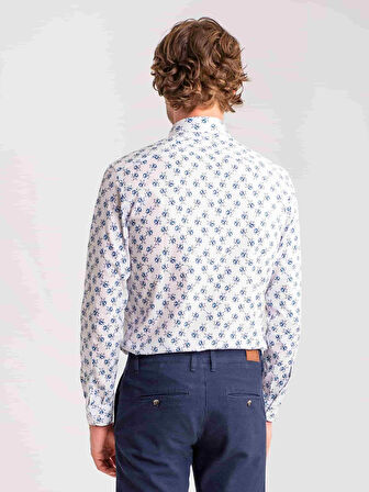 Dufy Mavi Erkek Slim Fit Desenli Brent Düğmeli Yaka Uzun Kol Gömlek - 60660