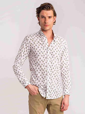 Dufy Haki Erkek Slim Fit Yaprak Desenli Brent Düğmeli Yaka Uzun Kol Gömlek - 60701