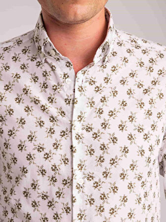 Dufy Haki Erkek Slim Fit Yaprak Desenli Brent Düğmeli Yaka Uzun Kol Gömlek - 60701