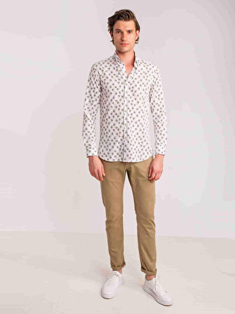 Dufy Haki Erkek Slim Fit Yaprak Desenli Brent Düğmeli Yaka Uzun Kol Gömlek - 60701