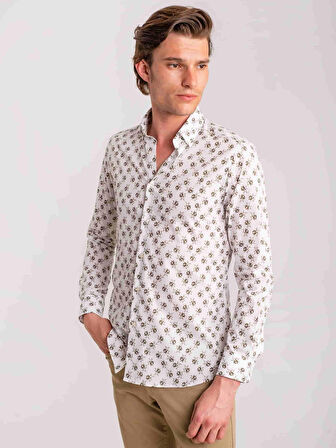 Dufy Haki Erkek Slim Fit Yaprak Desenli Brent Düğmeli Yaka Uzun Kol Gömlek - 60701