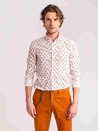 Dufy Kahverengi Erkek Slim Fit Yaprak Desenli Brent Düğmeli Yaka Uzun Kol Gömlek - 60707