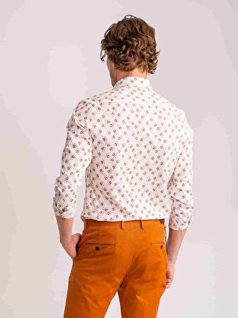 Dufy Kahverengi Erkek Slim Fit Yaprak Desenli Brent Düğmeli Yaka Uzun Kol Gömlek - 60707