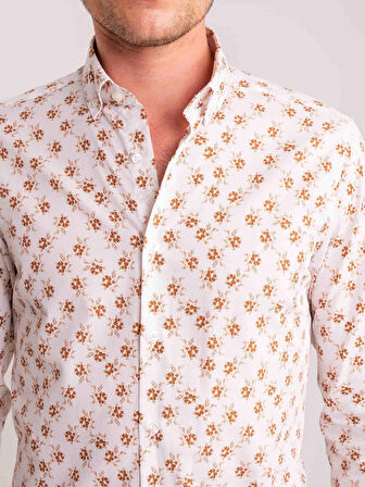 Dufy Kahverengi Erkek Slim Fit Yaprak Desenli Brent Düğmeli Yaka Uzun Kol Gömlek - 60707