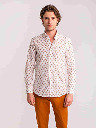 Dufy Kahverengi Erkek Slim Fit Yaprak Desenli Brent Düğmeli Yaka Uzun Kol Gömlek - 60707