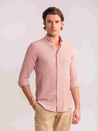 Dufy Kırmızı Erkek Slim Fit Çizgili Brent Düğmeli Yaka Uzun Kol Gömlek - 60811