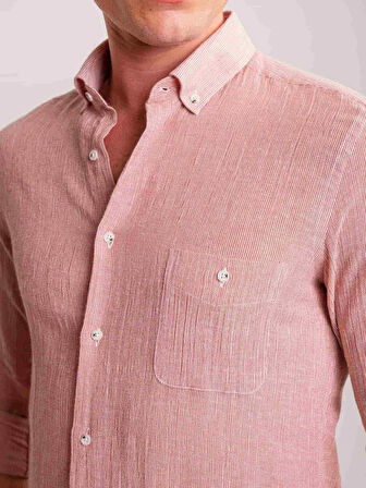 Dufy Kırmızı Erkek Slim Fit Çizgili Brent Düğmeli Yaka Uzun Kol Gömlek - 60811