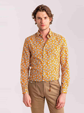 Dufy Safran Erkek Slim Fit Çiçek Desenli Brent Alttan Düğmeli Yaka Uzun Kol Gömlek - 60859