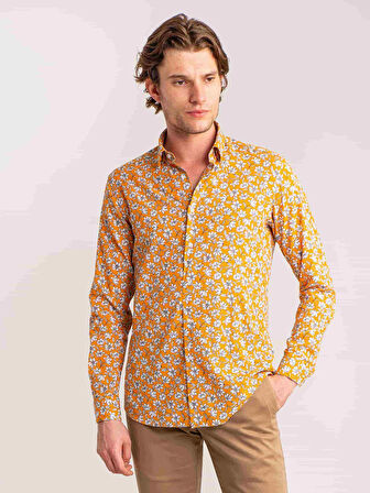 Dufy Safran Erkek Slim Fit Çiçek Desenli Brent Alttan Düğmeli Yaka Uzun Kol Gömlek - 60859