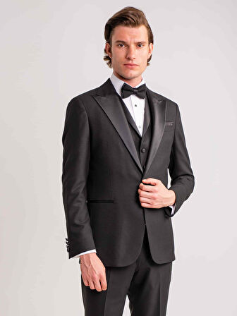 Dufy Siyah Erkek Modern Fit Armürlü Mono Yaka Smokin Takım - 61314