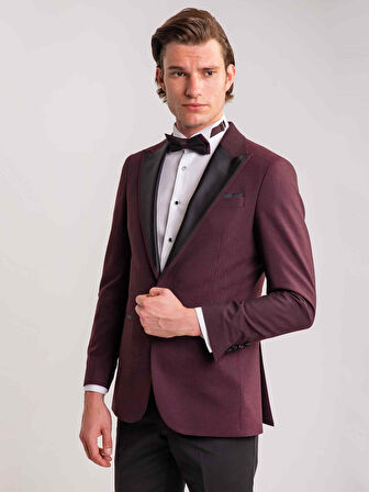 Dufy Bordo Erkek Modern Fit Çizgili Mono Yaka Smokin Takım - 61321