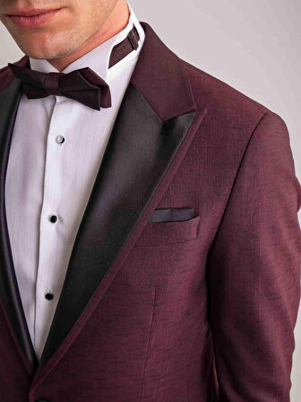 Dufy Bordo Erkek Modern Fit Çizgili Mono Yaka Smokin Takım - 61321