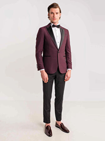 Dufy Bordo Erkek Modern Fit Çizgili Mono Yaka Smokin Takım - 61321