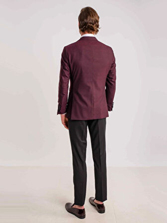 Dufy Bordo Erkek Modern Fit Çizgili Mono Yaka Smokin Takım - 61321