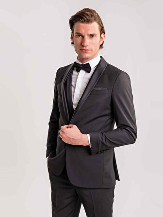 Dufy Siyah Erkek Modern Fit Çizgili Şal Yaka Smokin Takım - 61335
