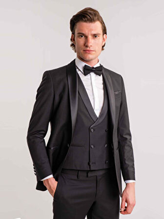 Dufy Siyah Erkek Modern Fit Çizgili Şal Yaka Smokin Takım - 61335